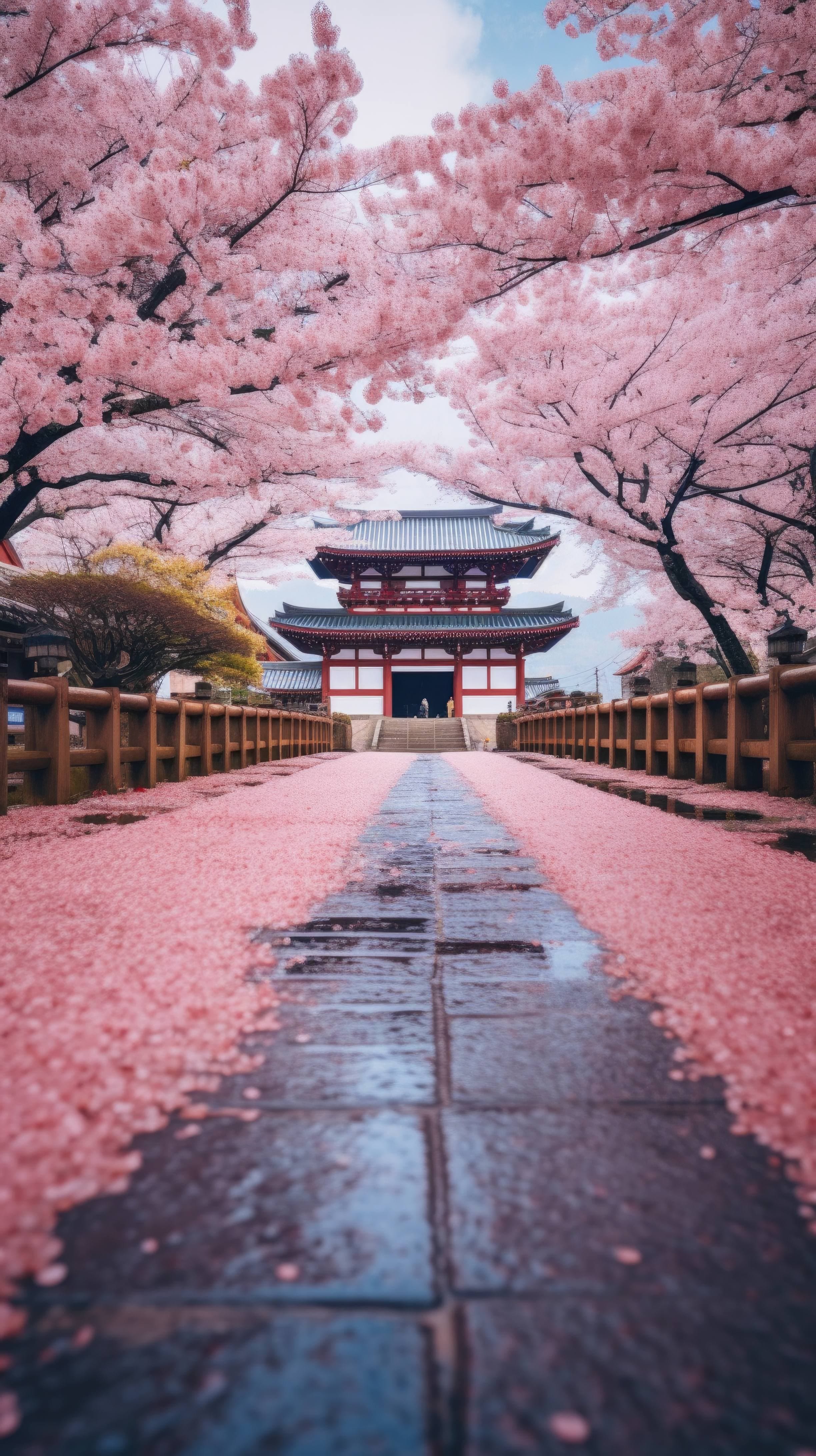 Kyoto temple, cherry blossom serenity, nature's spring masterpiece