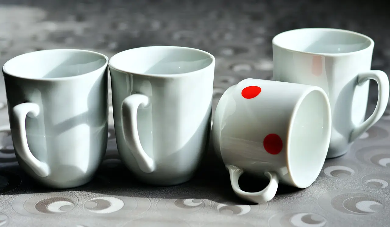 cup empty porcelain drink coffee pot be different difference coffee break clean red dots row dishes be different be different difference difference difference difference difference
