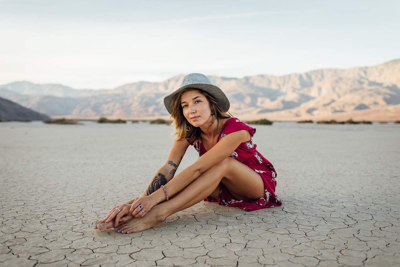 girl sit landscape outdoors portrait travel vacation woman drought soil sitting relaxed hat dress young woman female drought drought drought drought drought soil soil soil soil