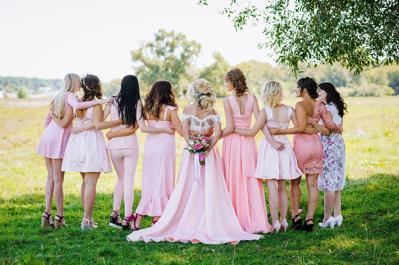 woman bridal party lineup wedding bride bridesmaids dresses field wedding wedding wedding wedding wedding
