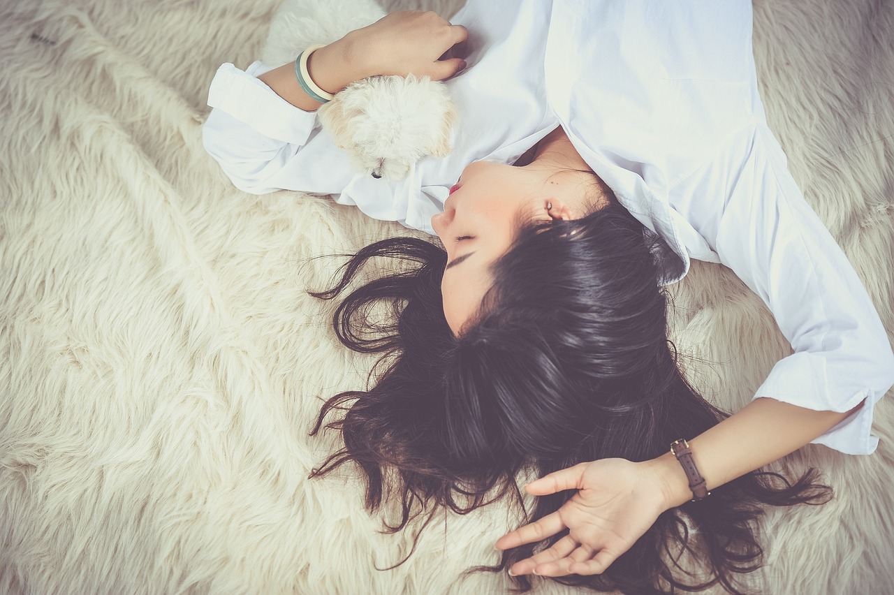 girl sleep lying down dog pet owner asian animal asian woman young woman upside down asleep sleeping sleeping woman female woman dreaming portrait resting relax dream