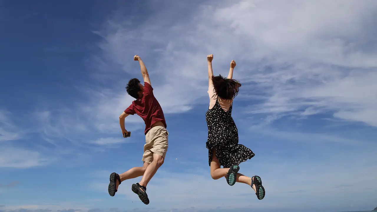jump sky man clouds nature height girl woman happiness joy happy blue sky