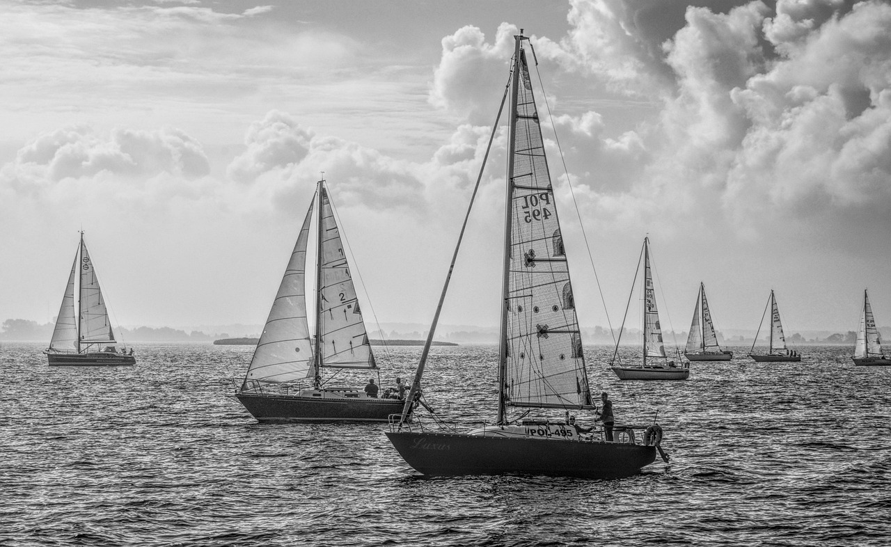 yachts sailing nature boats regatta lake sport wind sailboats sailing boats sails water clouds black and white monochrome masts