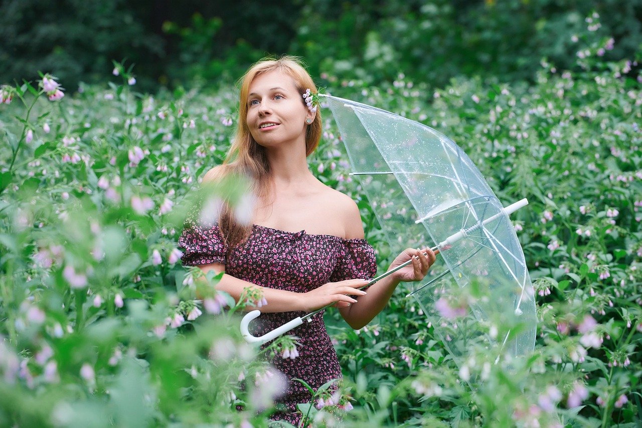 woman umbrella park stroll summer forest nature glade summer look mini dress summer dress