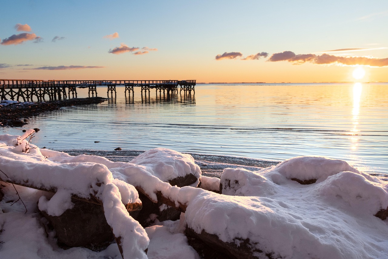 winter pier nature sunrise bay snow dock