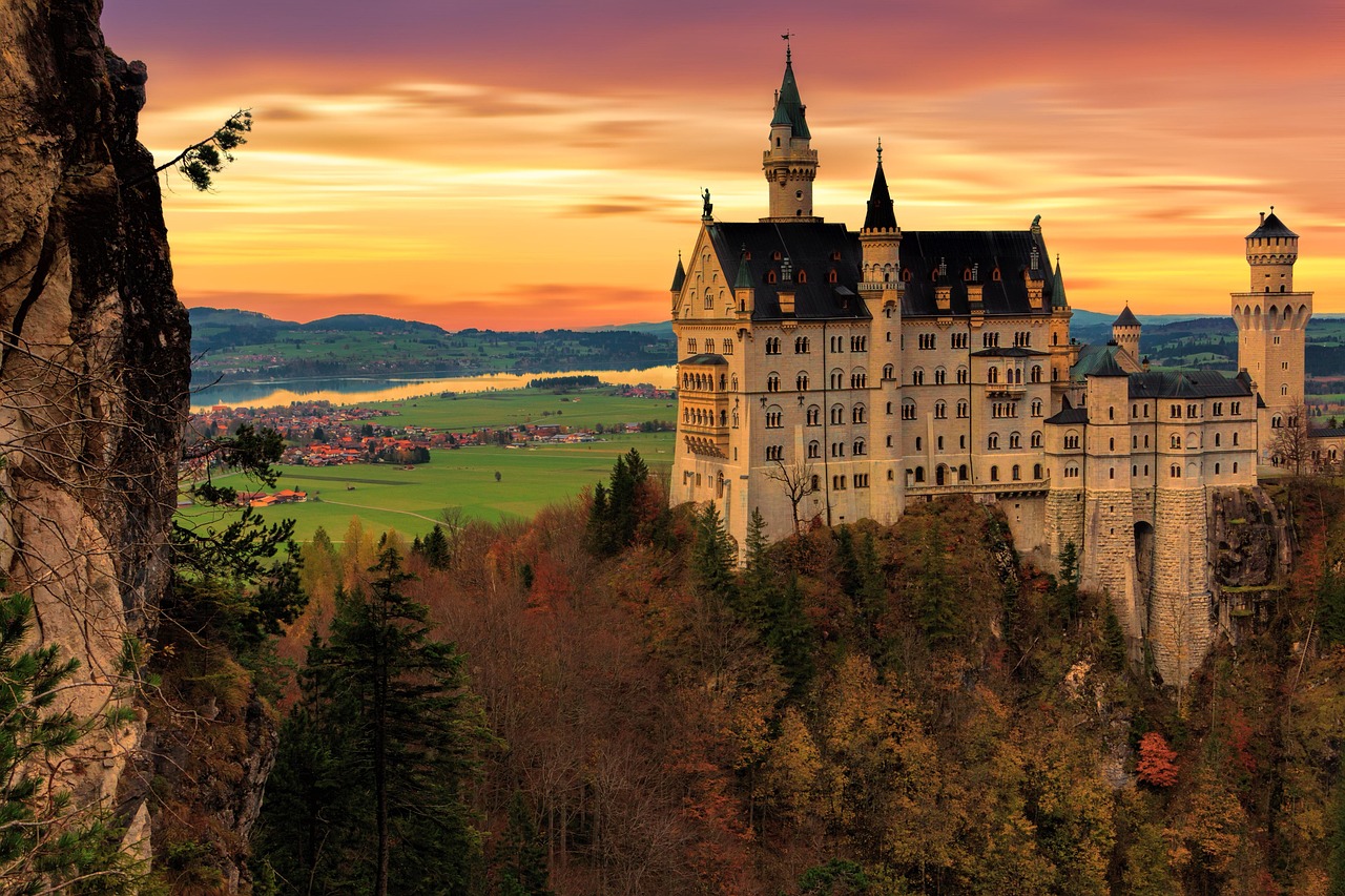 architecture neuschwanstein castle travel building historic building sightseeing neuschwanstein castle schwangau romantic fairytale castle dusk sunset fairy tale picturesque nature landscape idyllic mystical king ludwig ammergau