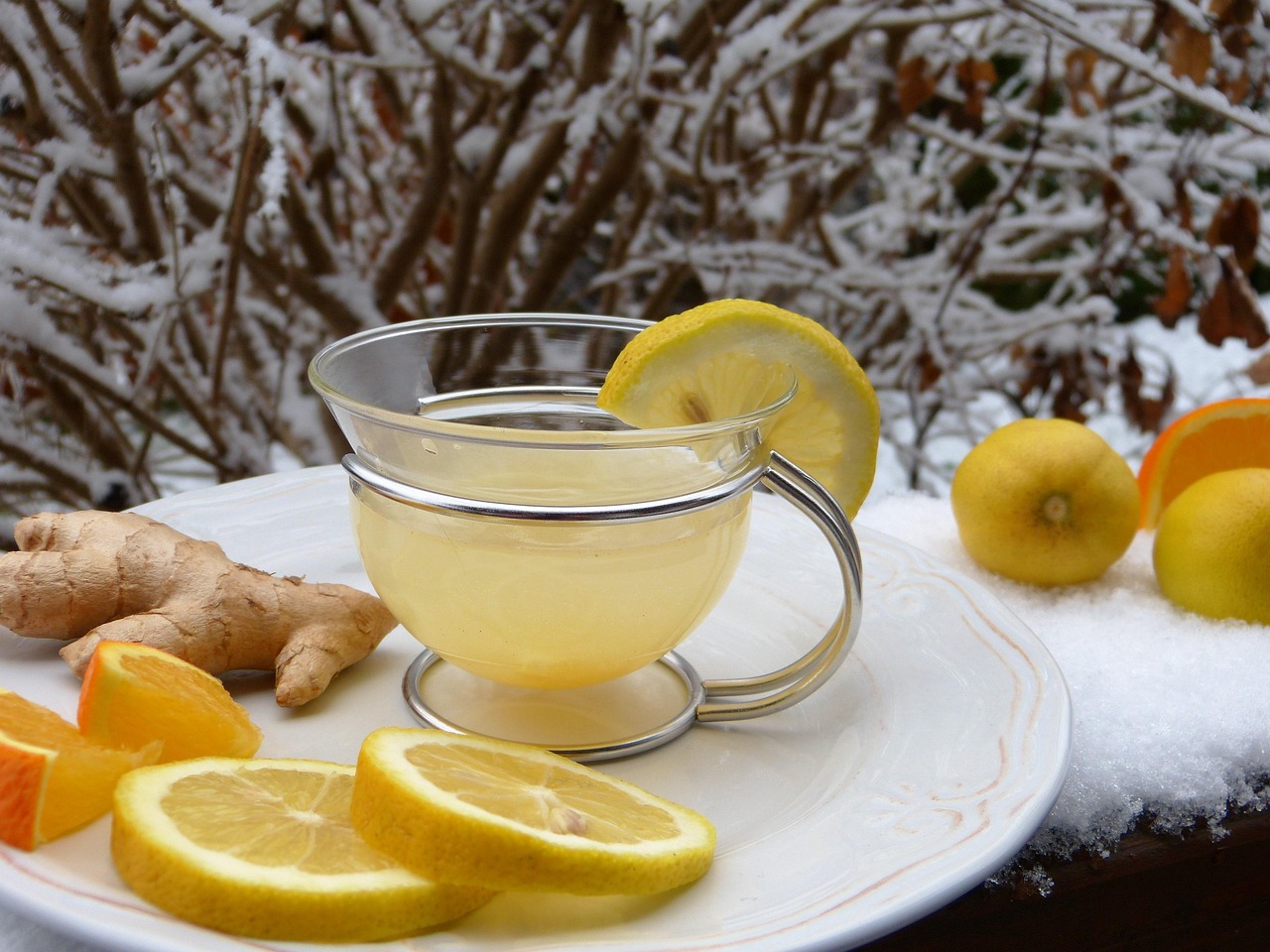 ginger hot lemon tea nature lemon snow juice cold defense health immune system vitamins healthy flu winter prevent