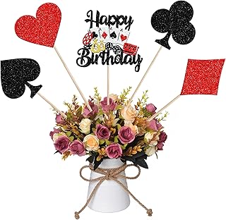 15PCS Casino Theme Centerpiece Sticks Happy Birthday Casino Table Flower Centerpieces Sticks Poker Game Chips Casino Floral Decorations for Las Vegas Casino Night Theme Gambling Party Supplies