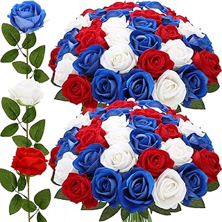 24 Roses Artificial Flowers 4th of July Decorations, Red White and Blue Patriotic Flower Arrangement， Realistic Fake Velvet Silk Roses with Stems in Bulk for Memorial Day Centerpiece Home Decor