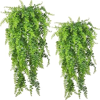 2pack Artificial Fake Hanging Ferns Plants Vine Fake Ivy Boston Fern Hanging Plant Outdoor UV Resistant Plastic Plants (Green)