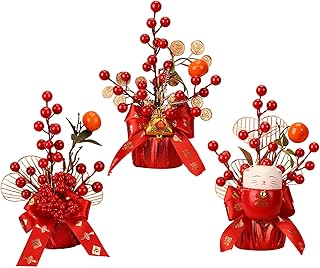 3 Pcs Chinese New Year Bonsai Table Ornament Artificial Flower Pot Red Berry Gold Leaves Lucky Cat Flower Arrangement Craft Chinese Spring Festival Blessing Potted for Home Office Decor