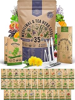 35 Medicinal & Tea Herb Seeds Variety Pack for Indoor & Outdoors. 16,335+ Non-GMO Heirloom Garden Seeds: Anise, Bergamot, Borage, Cilantro, Chamomile, Dandelion, Rosemary Seeds & More