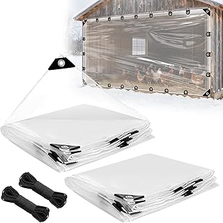 6.6x13ft Anti-Tear Clear Tarp Waterproof for Patio Winterizing - 2pcs Windproof Poly Tarpaulin, Heavy Duty Transparent Enclosure with Grommets for Covering Chicken Coops Greenhouse Garden Plants
