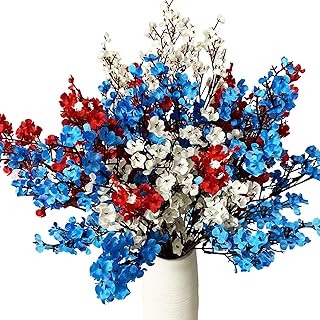 6PCS Patriotic Picks Babys Breath Artificial Flowers July 4th for Independence Day Red White Blue Fake Silk Real Touch Floral Arrangement