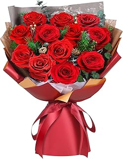 ADDWel Preserved Red Rose Bouquet – A Dozen Real Fresh Flowers for Delivery on Christmas Valentine's Day Birthday Anniversary, Romantic Gifts for Wife, Girlfriend, Her