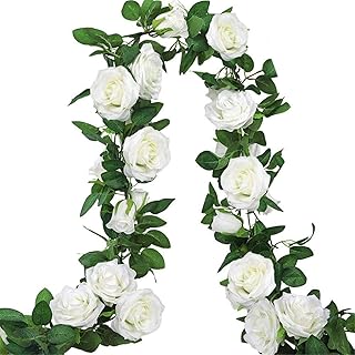 Ageomet 3pcs 19.5ft Artificial Flower Garland with White Rose, Fake Vines Silk Flower Hanging Rose Garland for Wedding Floral Arch Garden Background Engagement Ceremony Reception Decor