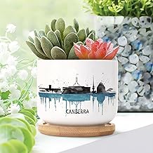 Australia Canberra Skyline Silhouette Small Pot for Flowers Set of 3 Australia Canberra Ceramic Planters with Drainage and Bamboo Tray Colorful Skyline Succulent Planters for Indoor