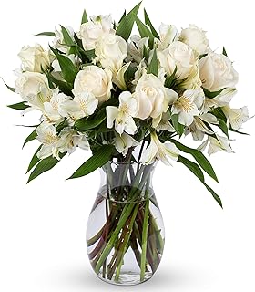 Benchmark Bouquets - Elegance Roses & Alstroemeria (Glass Vase Included) - Fresh Flowers for Delivery - Gift for Graduation, Birthday, Anniversary, Sympathy, Get Well, Congratulations