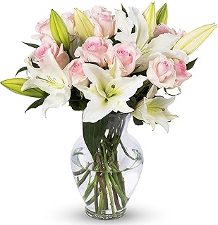 Benchmark Bouquets - Oriental Lilies & Pink Roses (Glass Vase Included) - Fresh Flowers for Delivery - Gift for Graduation, Birthday, Anniversary, Sympathy, Get Well, Congratulations