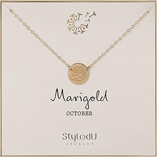 Birth Flower Necklace for Women, 14k Gold Filled Hand Stamped Birth Month Floral Pendant, Personalized Dainty Engraved Coin Disc Necklace, Custom Jewelry Birthday Gift for Mom, Daughter, Wife, or Friend