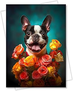 Boston Terrier with Flowers All Occasions Greeting Card from Unique Dog Party Delights Collection Large 5x7 Inch Blank Inside with White Envelope