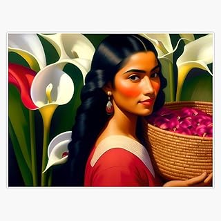 Calla Lily Farm, El Paso, Texas, with Raven-haired Latina Bring Basket of Flower Blossoms to Market Still Life Portrait Floral Painting Bumper Sticker Vinyl Decal 5"