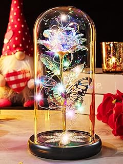 Christmas Rose Gifts for Women, Womens Gift for Christmas Galaxy Glass Rose Flower Forever Eternal Crystal Light Up Roses in Glass Dome with Butterfly Birthday Gifts for Mom Wife Grandma Colorful