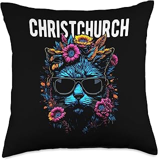 City of Christchurch Cat Wearing Sunglasses Flowers Design Throw Pillow