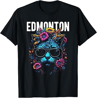 City of Edmonton Cat Wearing Sunglasses and Flowers Design T-Shirt
