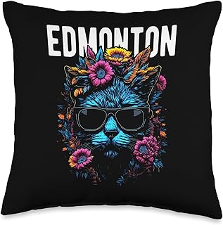 City of Edmonton Cat Wearing Sunglasses and Flowers Design Throw Pillow