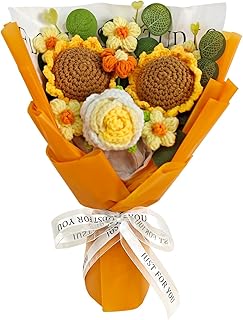 Crochet Flower Bouquet, Handmade Sunflower, Rose, and Daisy Combination, Perfect for Mother's Day, Wedding, Birthday,Anniversary, Home Decor, Ideal Gift for Women, Mom, Wife, and Friends (Orange)