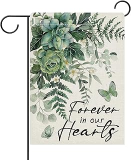 Dyrenson Memorial Succulents Decorative Garden Flag, Forever in Our Hearts Green Plant Eucalyptus Leaves Yard Outside Home Decorations, Spring Summer Botanic Outdoor Small Decor Double Sided 12 x 18