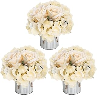 Flower Table Centerpieces - Artificial Wedding Hydrangeas Floral Arrangement with Rustic Metal Vase for Bridal Tea Party Event Decorations (Champagne, Set of 3 Floral Arrangement)