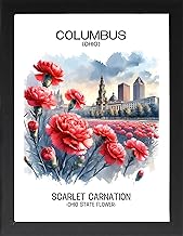 Framed US Cities & Flowers Posters, City Skylines with Symbolic Flowers Wall Art, Botanical & Urban Landscape Prints, Home Office Travel Deco (COLUMBUS-SCARLET CARNATION-OHIO -, 7L x5 W, Framed)
