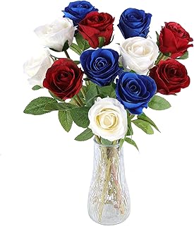 Hananona Artificial Roses Flowers for 4th of July Decorations, 12 Pcs Silk Rose Bouquet for Patriotic Flower Decor, Faux Roses for Independence Day Parties Cemetery Flowers (12, Red，White，Blue)