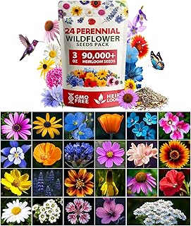 HOME GROWN 90,000+ Wildflower Seeds Mix 3oz 24 Varieties Non-GMO Perennial Flower Seeds for Planting Outdoors Butterfly & Pollinator Flower Mix Attract Bees Birds & Hummingbirds
