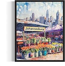 Johannesburg South Africa Flower Market Poster Art Print, Travel Poster Floral Artwork for Bedroom, Bathroom, Livingroom Decor Wall Art (Johannesburg South Africa, 11x14 inches + (Black Frame))