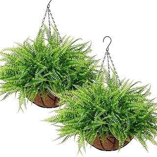KHOYIME Artificial Hanging Plants with Basket 2PCS Fake Boston Fern Baskets, Outdoor Faux Greenery Stems Hanging Decor UV Resistant Indoor Outside Decorations for Home Garden Porch Balcony Patio Yard