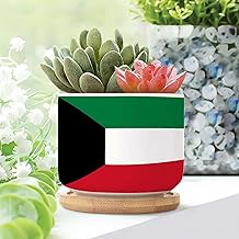 Kuwait Planters Ceramic Set of 2 Flag of Kuwait Flower Pot Planter with Drainage Bamboo Trays Kuwait National Symbol Small Pots for Succulents Birthday Gift to Friends