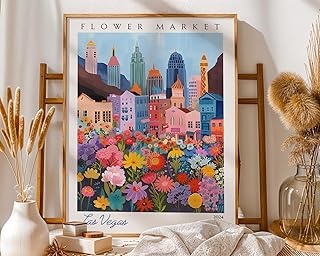 Las Vegas Flower Market Poster Vintage Nevada Travel Print featuring colorful city skyline and blooming garden scene for botanical wall art and home decor