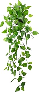 LOYWREE Small Fake Hanging Plant Artificial Potted Plants for Indoor Outdoor Aesthetic - 39in Realistic Faux Hanging Pothos with Ivy Vine for Shelf Decor in Home Office Gardens Greenery (Black Pot)
