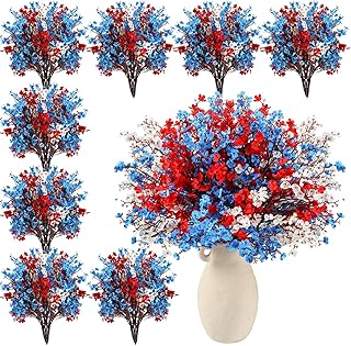 Lyrow 24 Pcs Red Blue White Artificial Flowers Patriotic Table Centerpieces Decoration Fake Babys Breath Picks Stems Floral Arrangement for 4th of July Veterans Independence Memorial Day Home Outdoor