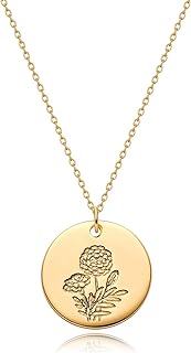 MYEARS Women Birth Flower Necklace Gold Coin Engraved Disc 12 Month Flower Bouquet Pendant 14K Gold Plated Dainty Chain Personalized Floral Jewelry Birthday Gift
