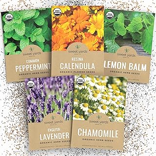 Organic Herbal Tea Seeds Variety Pack - 5 Individual Packs - 2026 Season - Mint, Lavender, Calendula, Chamomile & Lemon Balm. For Indoor & Outdoor Planting (Non-GMO, Certified Organic)