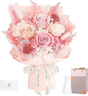 Preserved Flowers Bouquet 4 Roses - Pink Roses & Flowers for Delivery, Long-Lasting Real Roses Forever, Eternal Roses Bouquet for Mothers, Mom, Wife Anniversary Birthday Gifts for Women