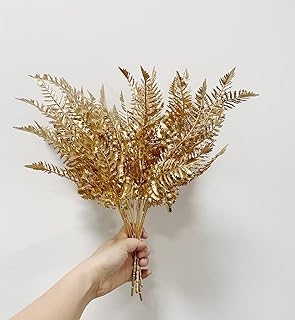 Rikyo 4 Bunches Gold Boston Fern Bush Plant,14" Tropical Greenery Bush Embellishing Holiday Florals,Indoor Outside Party for Flower,Christmas Flower Wreaths,Wedding Backdrop Arch Wall (Gold-1)
