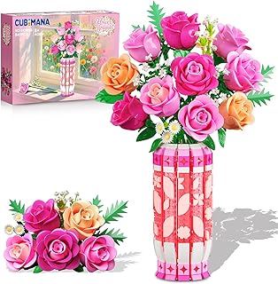 Romantic Pink Roses Bouquet Building Set with Vase & LED Light, 845PCS Flowers Botanical 3.6MM Mini Building Blocks Toys, Gifts for for Her, Artificial Flowers for Office Home Decor & Display