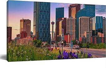 TIGTMULERLY Wall Art Frame Gallery Wall Decor Summer Flowers Downtown Calgary Roads At Sunrise Modern Canvas Prints Artwork for Living Room Bedroom Office Kitchen 48x24Inch