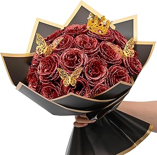 Waipfaru 24 Pcs Glitter Roses Bouquet, DIY Fake Flowers Bouquet, Artificial Red Rose Bouquet for Valentines, Anniversary, Engagement, Wedding