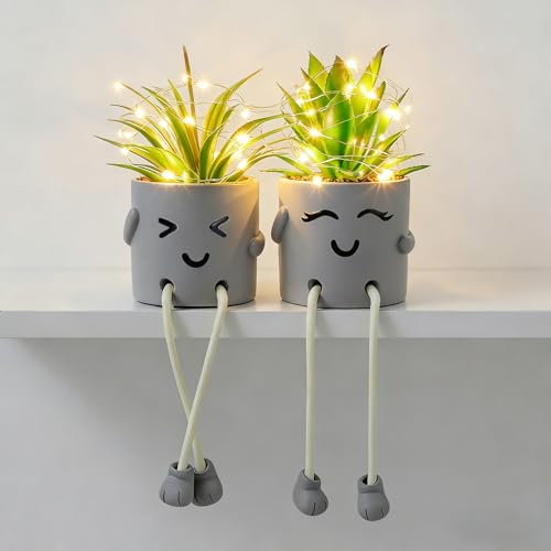 Cute Fake Plants, Succulents Pots with String Lights, Fake Plants Artificial For Desk Décor, Office Decor for Women, Shelf Decor for Gift, Bathroom Small Plants Decoration, Plants Window Sill Decor